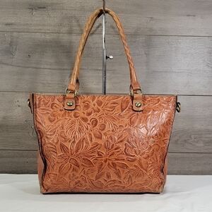 Patricia Nash Tooled Floral Leather Tote in Cognac Brown